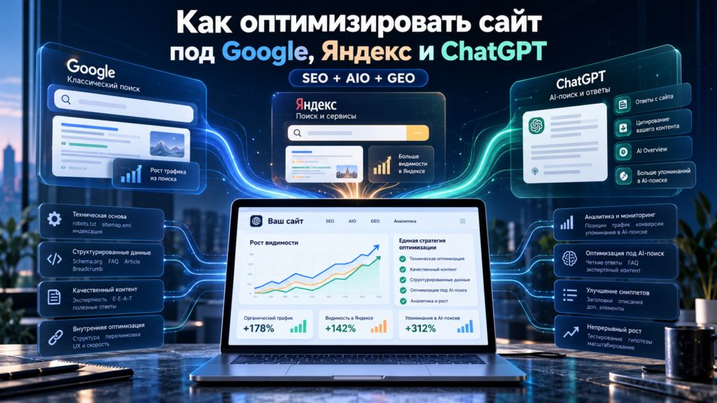 Оптимизация сайта под Google, Яндекс и ChatGPT: SEO, AIO, GEO и AI-поиск